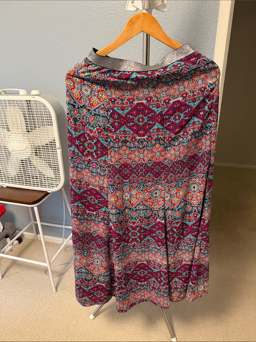 Patterned Maxi Skirt in Magenta and Teal with Metallic Waistband